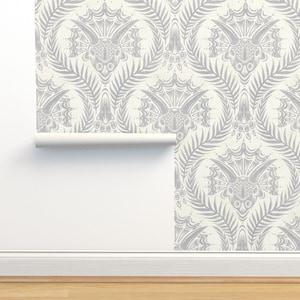 Dinosaur Damask Non-Pasted Wallpaper - Triceratops by byre_wilde - Kids Gray White Prehistoric Science  Wallpaper Double Roll by Spoonflower