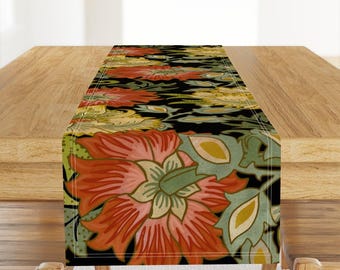 Art Nouveau Table Runner -  Folk Art William Morris Arts And Crafts Black Floral Cotton Sateen Table Runner - Large Garden by hnldesigns