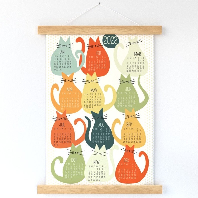 Retro Cats Wall Hanging - 2024 Vintage Cats Calendar by luciafontes - 2023 Calendar Printed Tea Towel with Wooden Hanger by Spoonflower