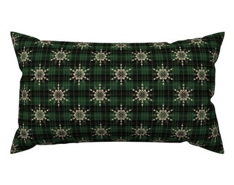 Christmas Tartan Accent Pillow - Snow Flake Green  by ktscarlett_ - Christmas Tree Pine Green  Rectangle Lumbar Throw Pillow by Spoonflower