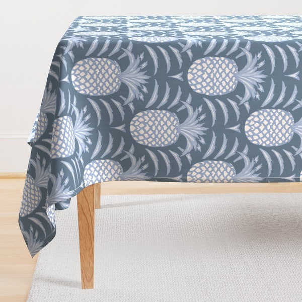 Tropical Coastal Tablecloth - Pineapple Scallop by melly_williams_studio - Fog Blue Grandmillennial Cotton Sateen Tablecloth by Spoonflower