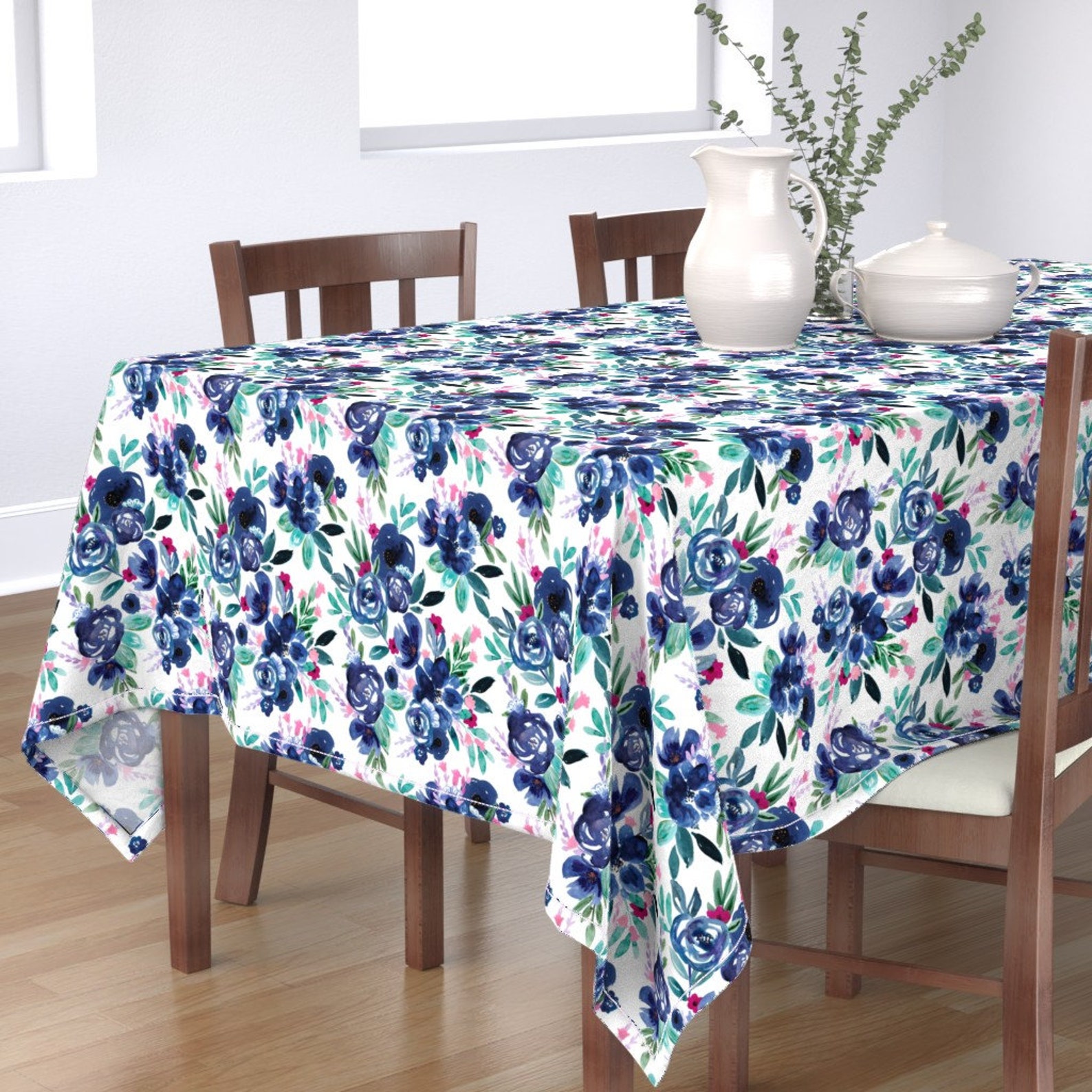 Blue Floral Tablecloth Athena Floral by crystal_walen Boho Etsy