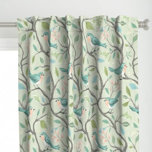 Cottagecore Curtain Panel - Bluebirds On Branches by thatpolymath_shellym - Chinoiserie Nature Birds Custom Curtain Panel by Spoonflower
