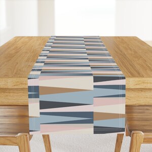 Scandi Triangles Table Runner - Geometric Art Blush Blue Gray  Cotton Sateen Table Runner - Scandinavian Geometry Gray by bruxamagica