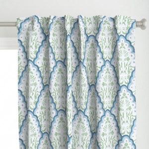 Scallop Botanical Curtain Panel - Blue And Green Scallop  by danika_herrick - India Paisley Block Print Custom Curtain Panel by Spoonflower