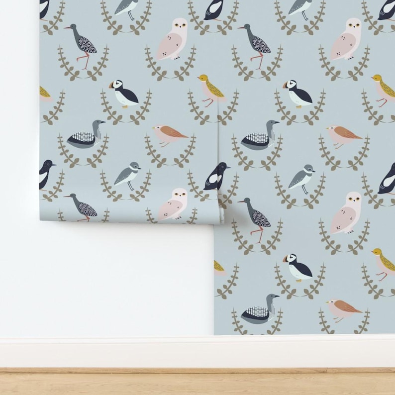 Scandinavian Birds Non-Pasted Wallpaper Scandi Gender Neutral Baby - Birds Of Scandinavia - Wreaths by popelephant Wallpaper by Spoonflower image 1