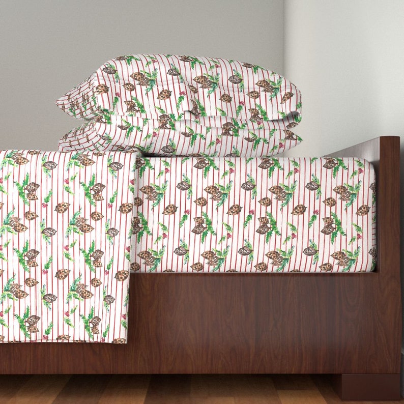 Pine Cone Berry Striped by indybloomdesign Holiday Watercolor Floral Cotton Sateen Sheet Set Bedding by Spoonflower Christmas Sheets