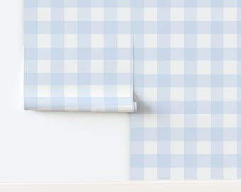 Blue Pastel Buffalo Non-Pasted Wallpaper Large Scale Pale Picnic Gingham Tartan - Chambray Blue Gingham by dept_6 Wallpaper by Spoonflower