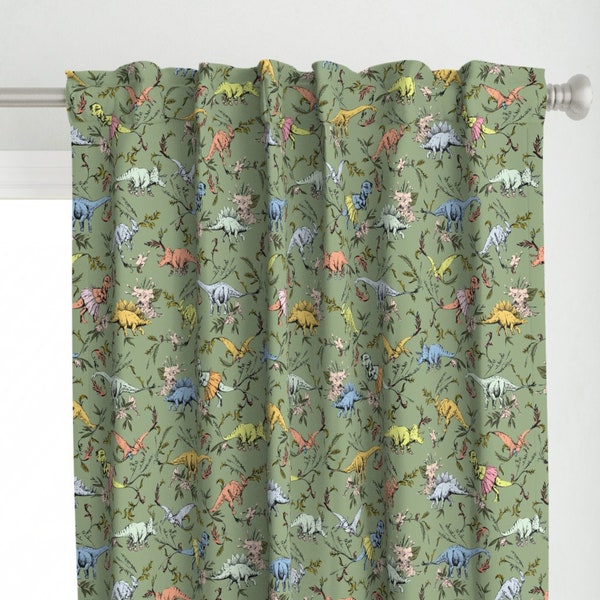 Animal Curtain Panel - Dino Dancer_dusk by pattern_state - Dinosaurs Floral Novelty Kids Olive Wallpaper Custom Curtain Panel by Spoonflower