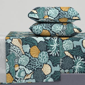 Teal Coral Sheets - Shell Reef by winkeltriple - Mustard Gold Shells Summer Sea Cotton Sateen Sheet Set Bedding by Spoonflower