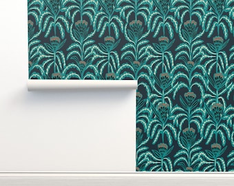 Blumen Vlies Tapete Teal Floral Boho Botanisch Pflanze - Maisey Teal by holli_zollinger Tapete Doppelrolle von Spoonflower