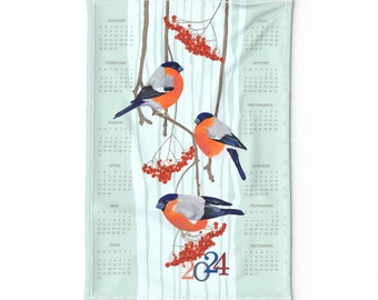 2024 Calendar Tea Towel - Bullfinches On Branches by margacrafts - Winter Birds Forest Nature Linen Cotton Canvas Tea Towel by Spoonflower