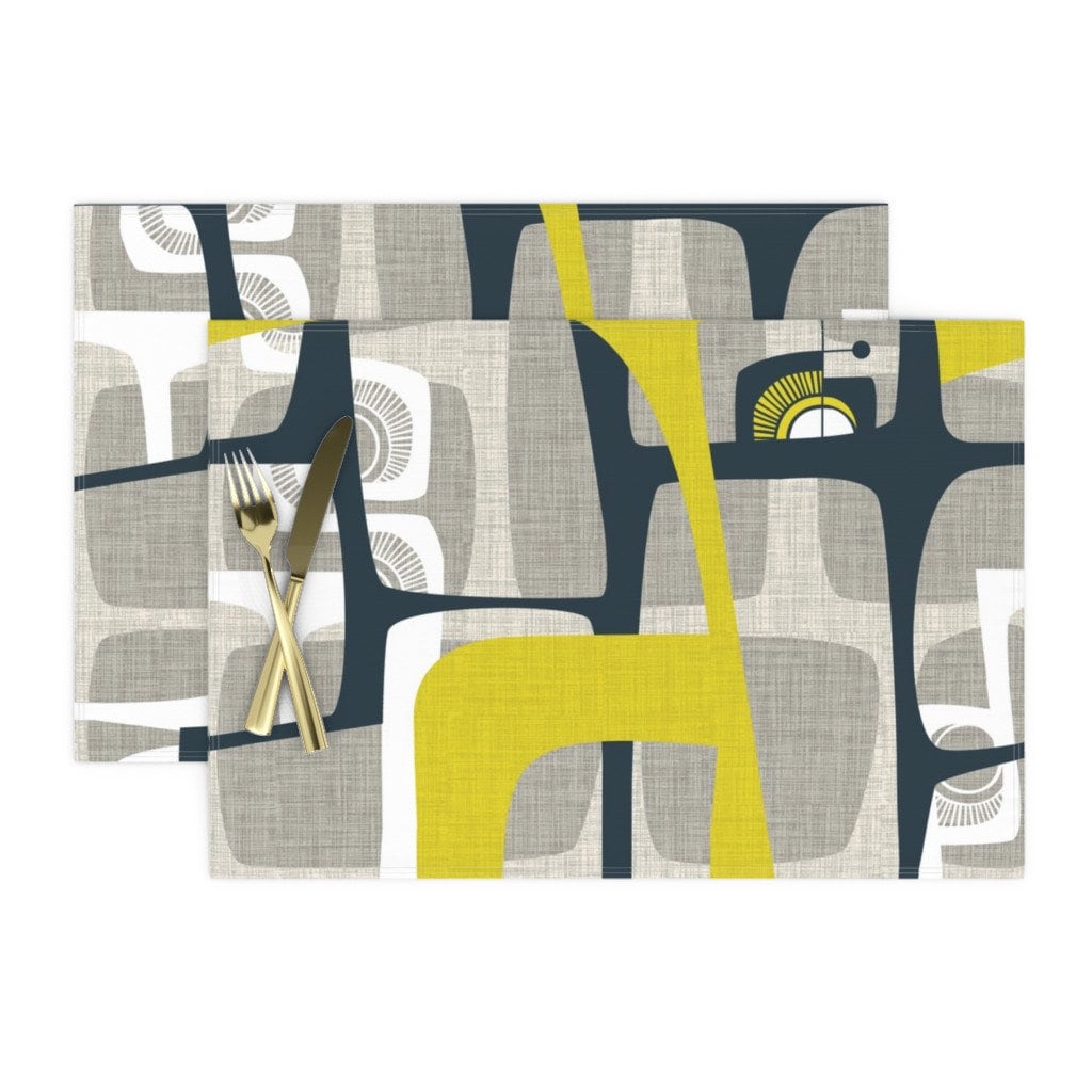 Cloth Placemats Mid Century Modern Geometric Atomic Squares Retro Set of 2