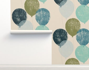 Baby Balloons Commercial Grade Wallpaper - Jumbo Balloons by juliaschumacher - Flying Baby Boy Air Teal Wallpaper Double Roll by Spoonflower