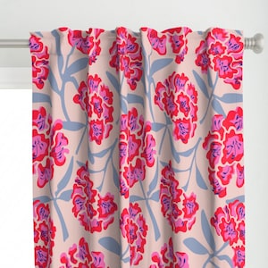 May include: Pink floral curtain panels with a stylised floral pattern in shades of pink, red, and blue.