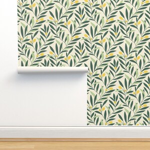 Green Non-Pasted Wallpaper - Olive Branches by amberspace -  Yellow Botanical Garden Floral Nature  Wallpaper Double Roll by Spoonflower