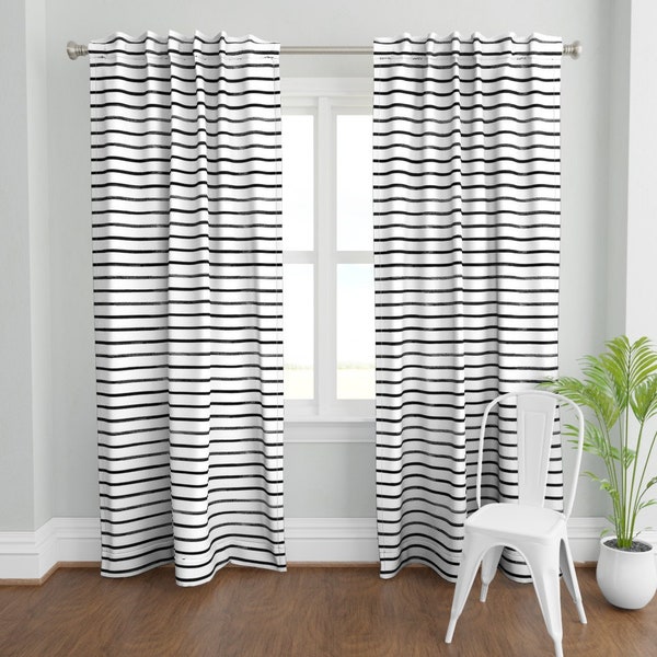 Classic Stripe Curtain Panel - Mod Thin Stripe by crystal_walen - Black And White Watercolor Nautical Custom Curtain Panel by Spoonflower