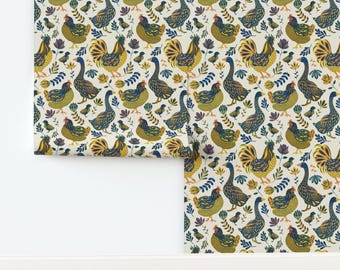 Farmhouse Floral Non-Pasted Wallpaper Goose Rooster Modern Farmhouse Hen Chicken - French Farm by lapetitelecour Wallpaper by Spoonflower