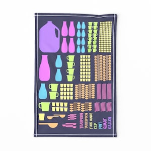 May include: A colorful kitchen towel with a chart showing different measurement conversions for liquids. The chart includes a gallon, quart, pint, cup, fluid ounce, tablespoon, and teaspoon. The towel is a great visual aid for cooking and baking.