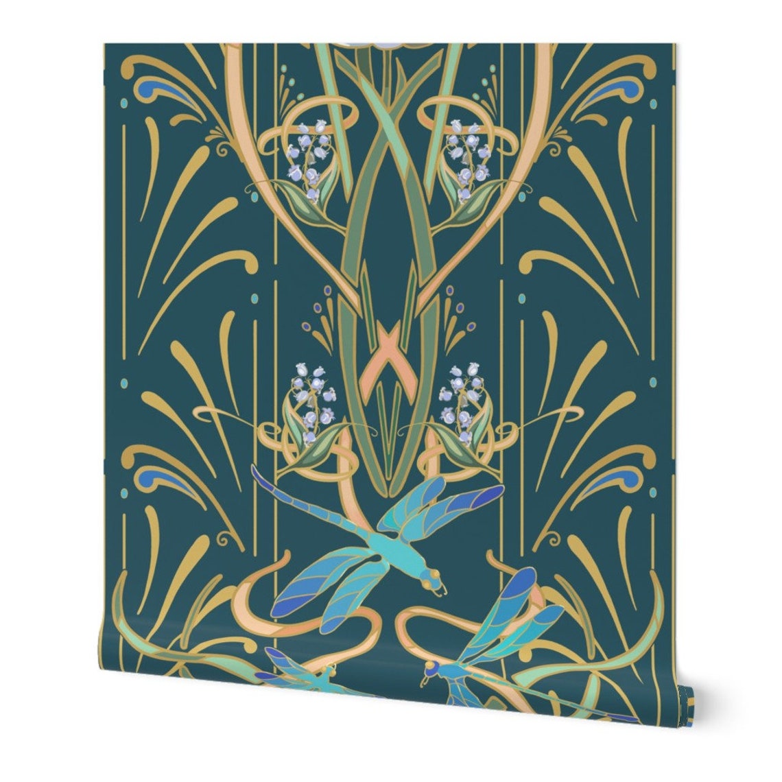 Teal Art Nouveau Wallpaper Teal Dragonflies by Southwind Etsy