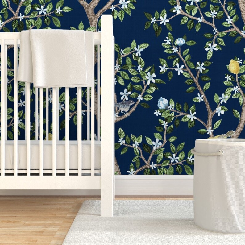 Navy Chinoiserie Wallpaper Navy Eloise With Lemons by - Etsy