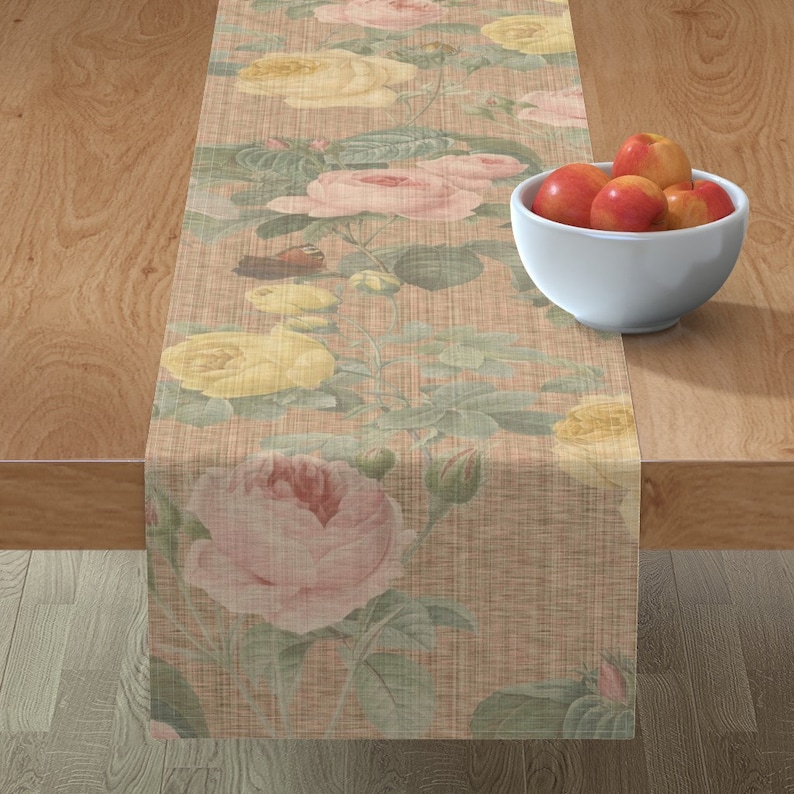 Victorian English Cotton Sateen Table Runner by Spoonflower Belles Fleurs Jolie Rayure by peacoquettedesigns Floral Table Runner
