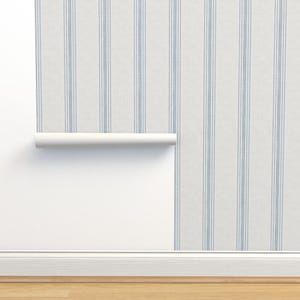 Blue Ticking Stripe Non-Pasted Wallpaper - French Provincial by kittenlane - French Farmhouse Neutral Wallpaper Double Roll by Spoonflower