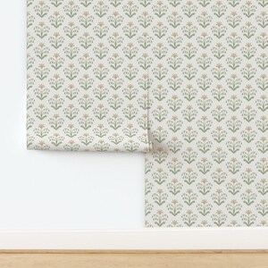Vintage Floral Non-Pasted Wallpaper - Theresa Mustard by heightsdesignstudio - Yellow Cream Green Wallpaper Double Roll by Spoonflower