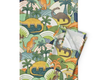 Green Tea Towels (Set of 2) - Happy Dinosaurs  by patricia_lima - Yellow Orange Boys Children Volcano Linen Cotton Tea Towels by Spoonflower