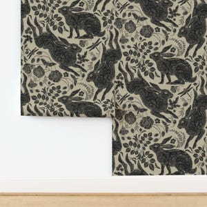 Block Print Bunnies Non-Pasted Wallpaper Linocut Woodblock Hares Woodland Neutral - Rabbits by silver_steer_design Wallpaper by Spoonflower