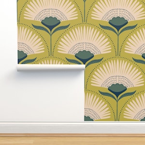 Deco Floral Fans Non-Pasted Wallpaper - Citron by scarlet_soleil - Green Chartreuse Geometric Flowers Wallpaper Double Roll by Spoonflower