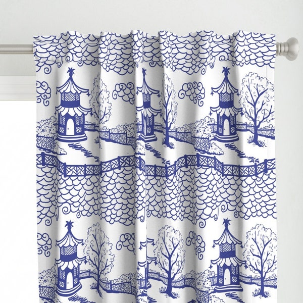 Chinoiserie Curtain Panel - Cloud Pagoda Blue On White by danika_herrick - Asian Inspired Fretwork Toile Custom Curtain Panel by Spoonflower