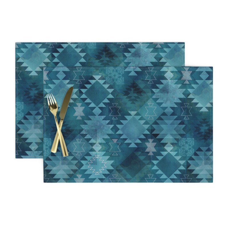 - Kilim Dark Blue by adenaj Set of 2 Bohemian Abstract Turquoise Boho Home Decor Cloth Placemats by Spoonflower Tribal Placemats
