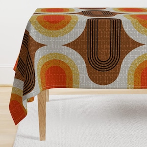 Retro Tablecloth - Tweedy Seventies Ogee 1970s by ottomanbrim - Orange Geometric Ogee Midcentury Cotton Sateen Tablecloth by Spoonflower