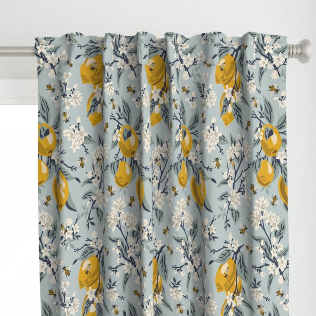 Lemon Curtain Panel - Floral Light Bl...