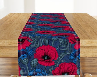 Maximalist Table Runner - Floral Saturated Flowers Rich Bold Lush Cotton Sateen Table Runner - Poppies And Cornflowers by katerina_kirilova