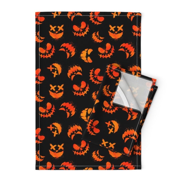 Scary Pumpkins Tea Towels (Set of 2) - Pumpkin Faces by blue_moth_fabrics - Jack O Lantern Death Linen Cotton Tea Towels by Spoonflower