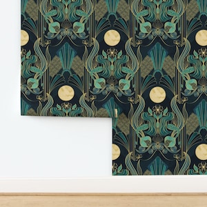 1920s Mermaid Non-Pasted Wallpaper Fantasy Moon Magical Elegant Moody - Mermaid In Moonlight by laura_may_designs Wallpaper by Spoonflower