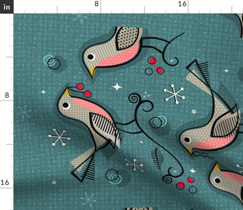 Robins In Winter by studioxtine Pink Vintage Blue Stars Retro Birds Winter Linen Cotton Canvas Tea Towel by Spoonflower Bird Tea Towel