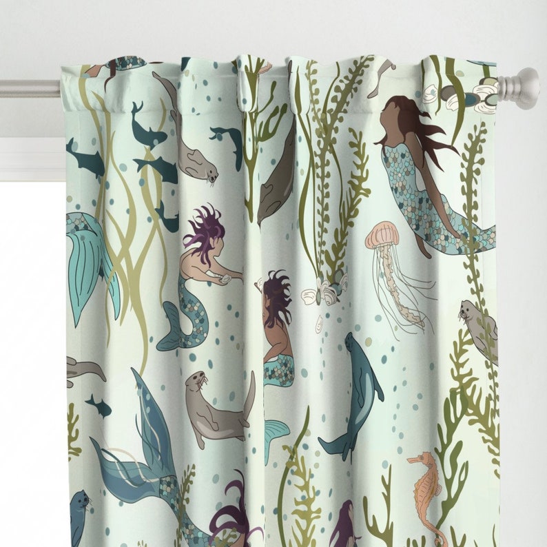 Swimming Mermaids Curtain Panel Mermaids and Otters by Etsy