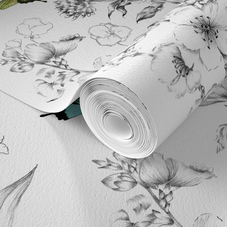 Butterflies Non-Pasted Wallpaper Butterfly Sketch Black And White - Le Papillon by willowlanetextiles Wallpaper Double Roll by Spoonflower image 4