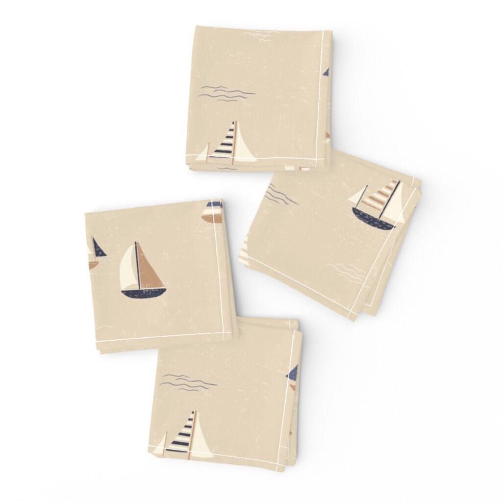 Beige Cocktail Napkins Set of 4 Little Boats by staceymccarney Boats Nautical Sailing Gender Neutral Cloth Napkins by