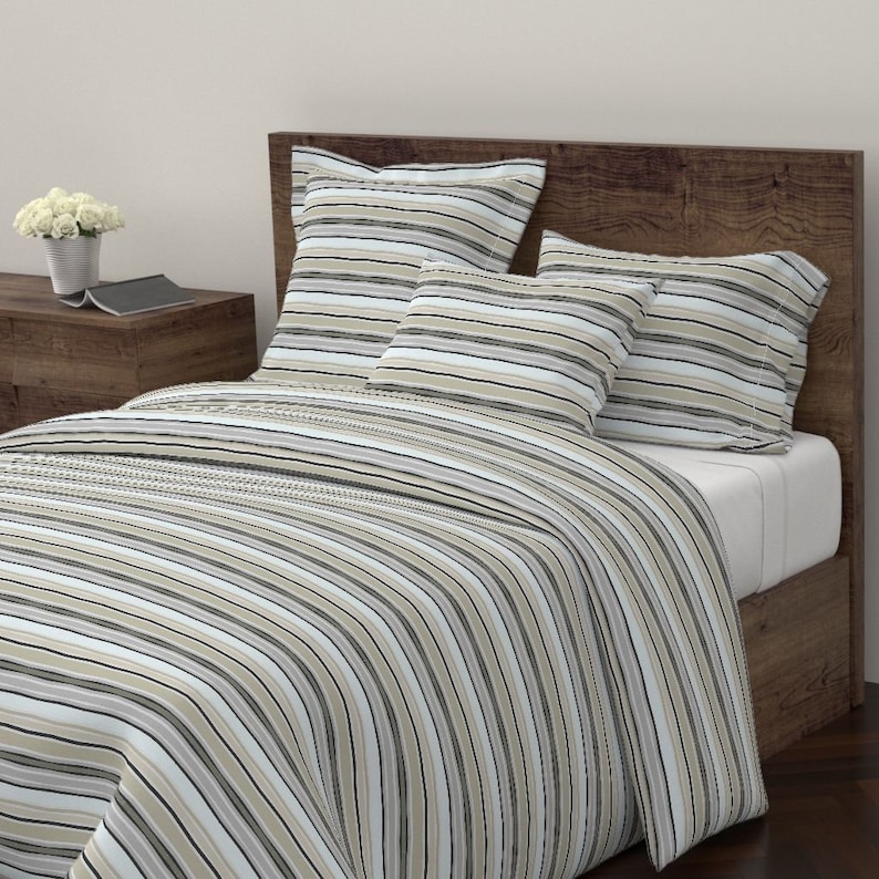 Beach Pillow Sham Neutral Stripes Fall Tan Grey White Cotton Sateen Pillow Sham Bedding by Spoonflower Stripes Of Fall by jessica/_barber