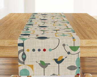 Mid Century Modern Table Runner - Birdland In Green by vo_aka_virginiao - Retro Geometric Nursery Cotton Sateen Table Runner by Spoonflower
