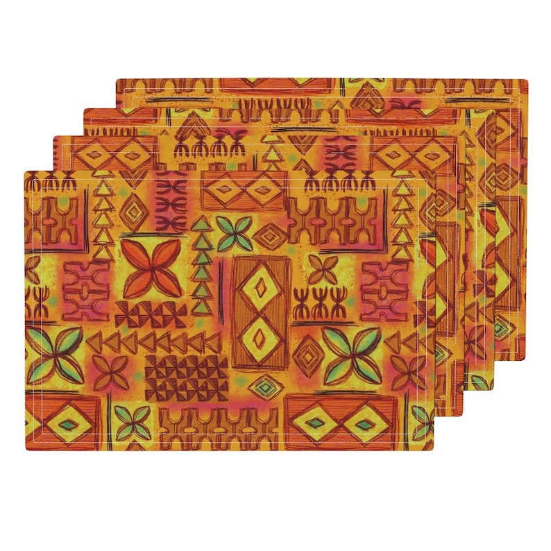 Set of 4 Mid Century Placemats - Tiki Tapa by woodyworld Polynesian Tiki Tapa Hawaii Hawaiian Orange Cloth Placemats by Spoonflower