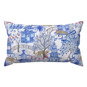 Pagoda Forest Lumbar Pillow - Chinese Chinoiserie Lanterns Leopard Blue Rectangle Accent Throw Pillow - Party Leopards by danika_herrick
