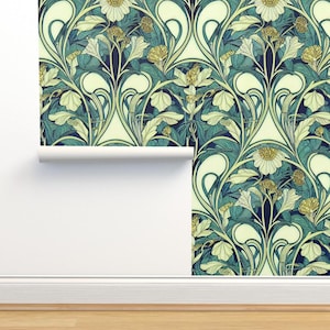 Art Nouveau Non-Pasted Wallpaper - Art Nouveau Botanical by nickleen - 1920s Teal Green Cream Botanical Wallpaper Double Roll by Spoonflower