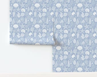 Nautical Seashell Non-Pasted Wallpaper Coral Starfish Coastal Seaside Blue White - Coastal Treasures by kimsa Wallpaper by Spoonflower