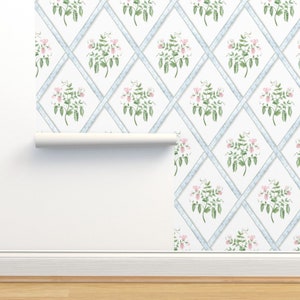 Sweet Pea Floral Non-Pasted Wallpaper - Eloise Pale Pink Blue by danika_herrick - Garden Trellis Wallpaper Double Roll by Spoonflower