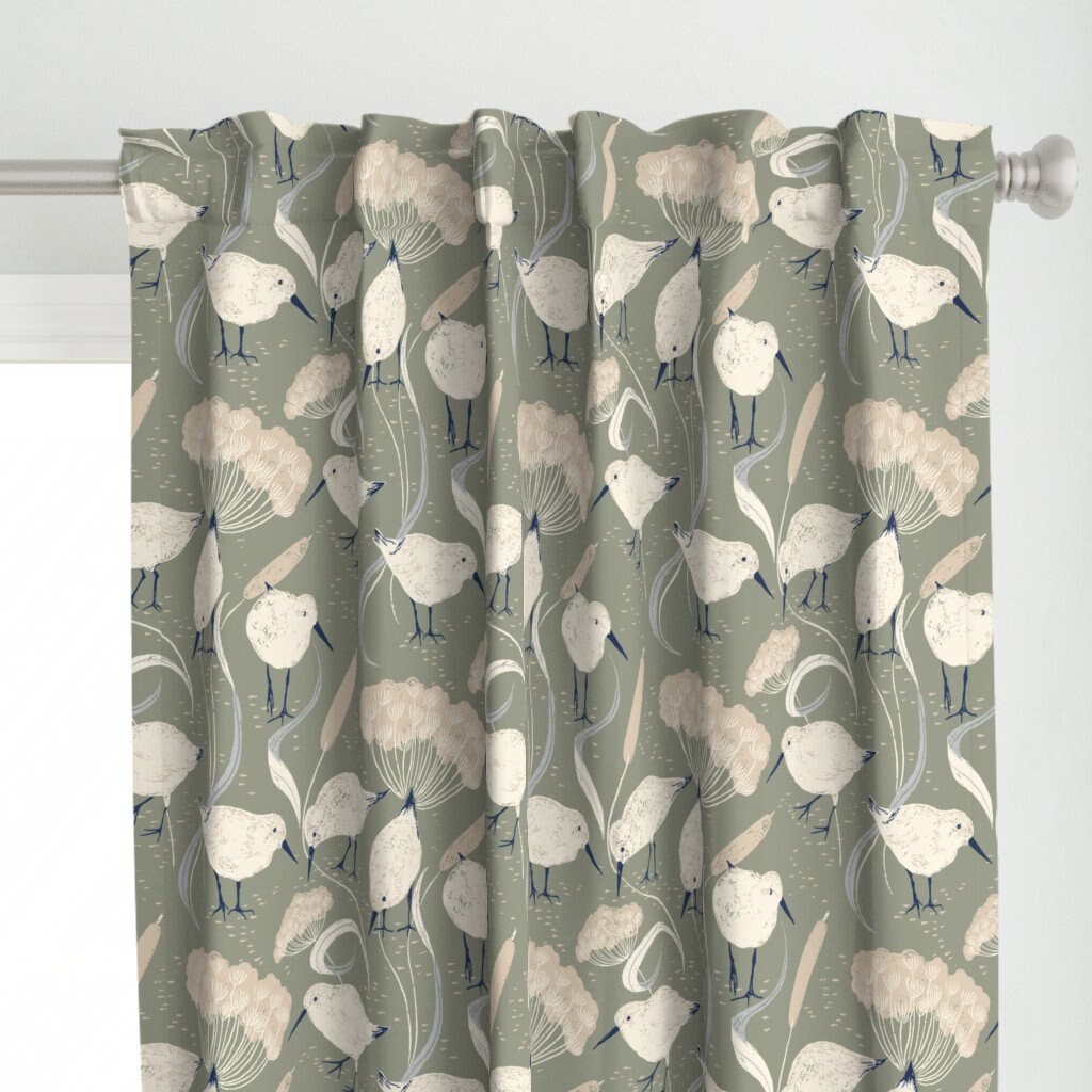 Sandpiper Curtain Panel - Coastal Green by hupu - Lakeside Coastal Birds Cow Parsley Neutral Beige Custom Curtain Panel by Spoonflower